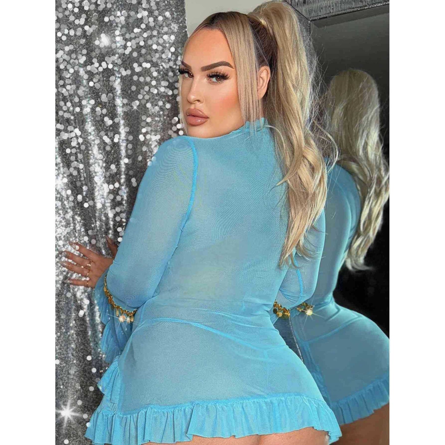 Elegant Lace and Mesh Lingerie Sets - Blue / 1XL product image