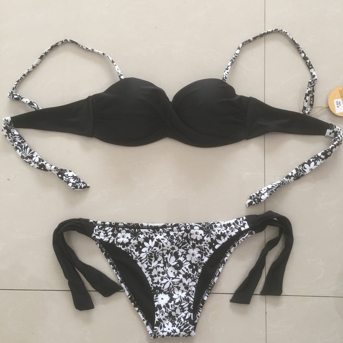 Black floral polyester nylon bikini sets