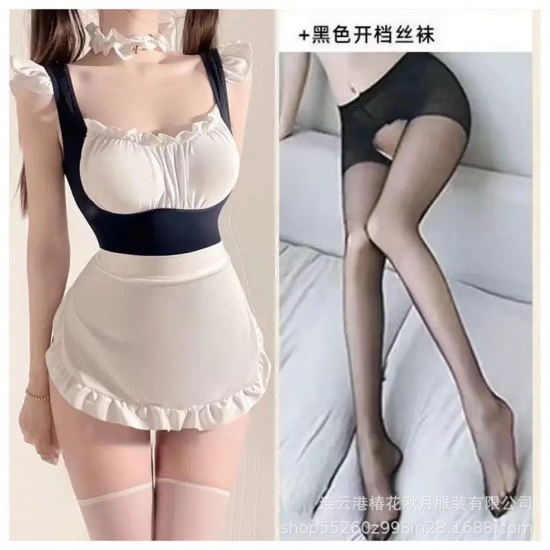 Crotchless uniform silk and polyester lingerie bodysuits