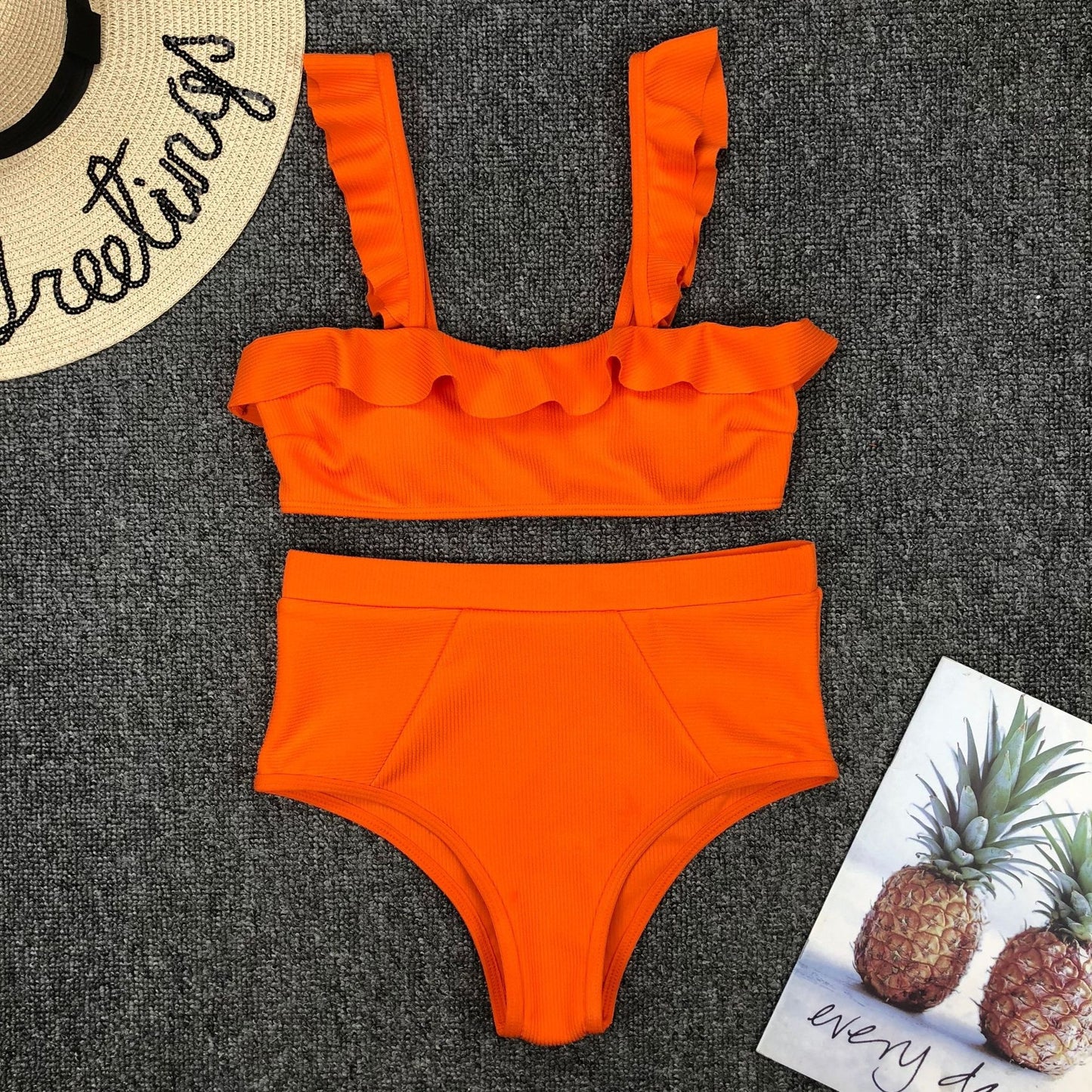 Black high-waist ruffled polyester bikini sets - image 3