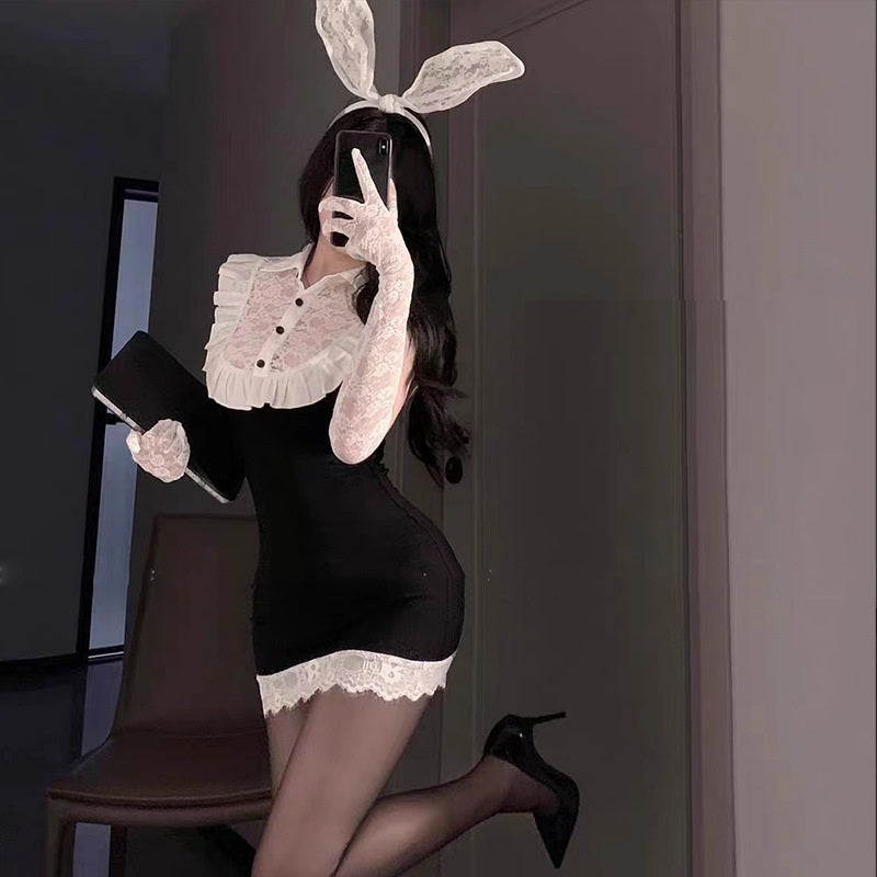 Uniform lace and polyester lingerie skirt sets