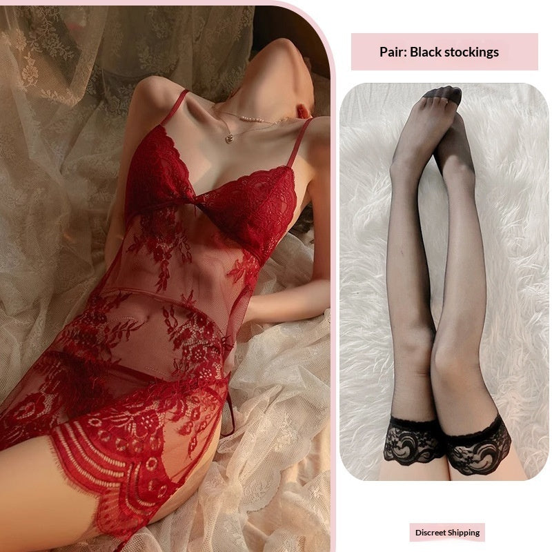 Crotchless fishnet sheer lace nightwear sets