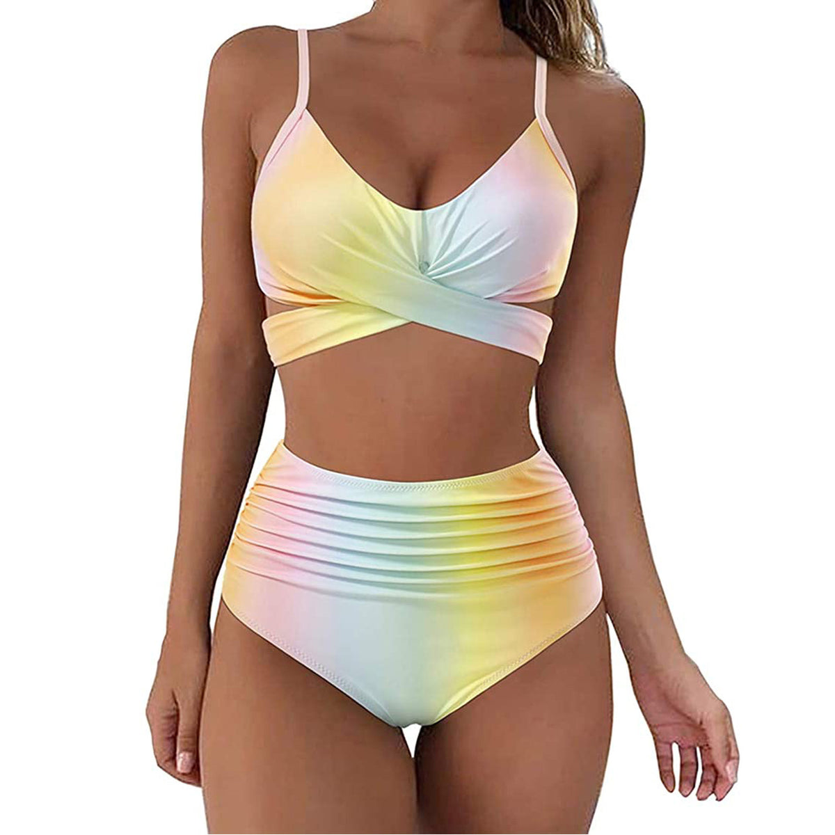 High-waisted polyester and spandex bikini sets