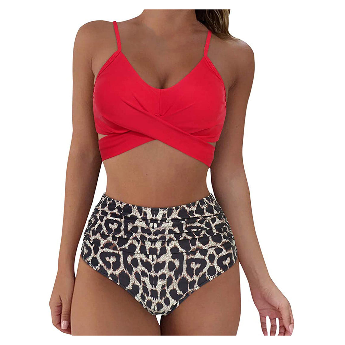 High-waisted polyester and spandex bikini sets