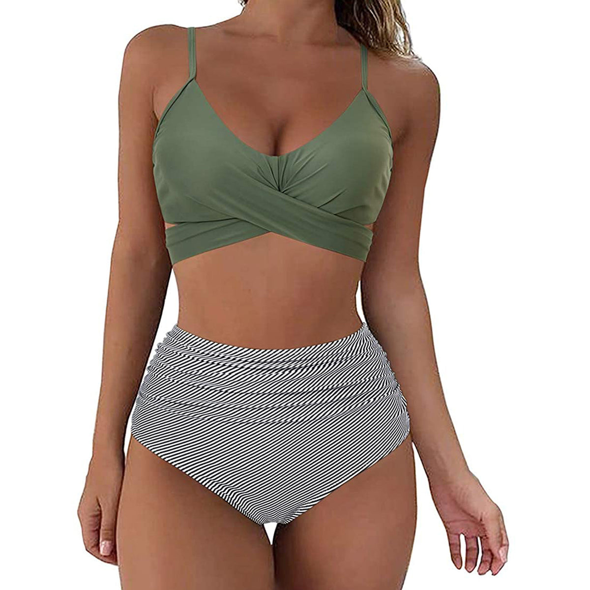 High-waisted polyester and spandex bikini sets