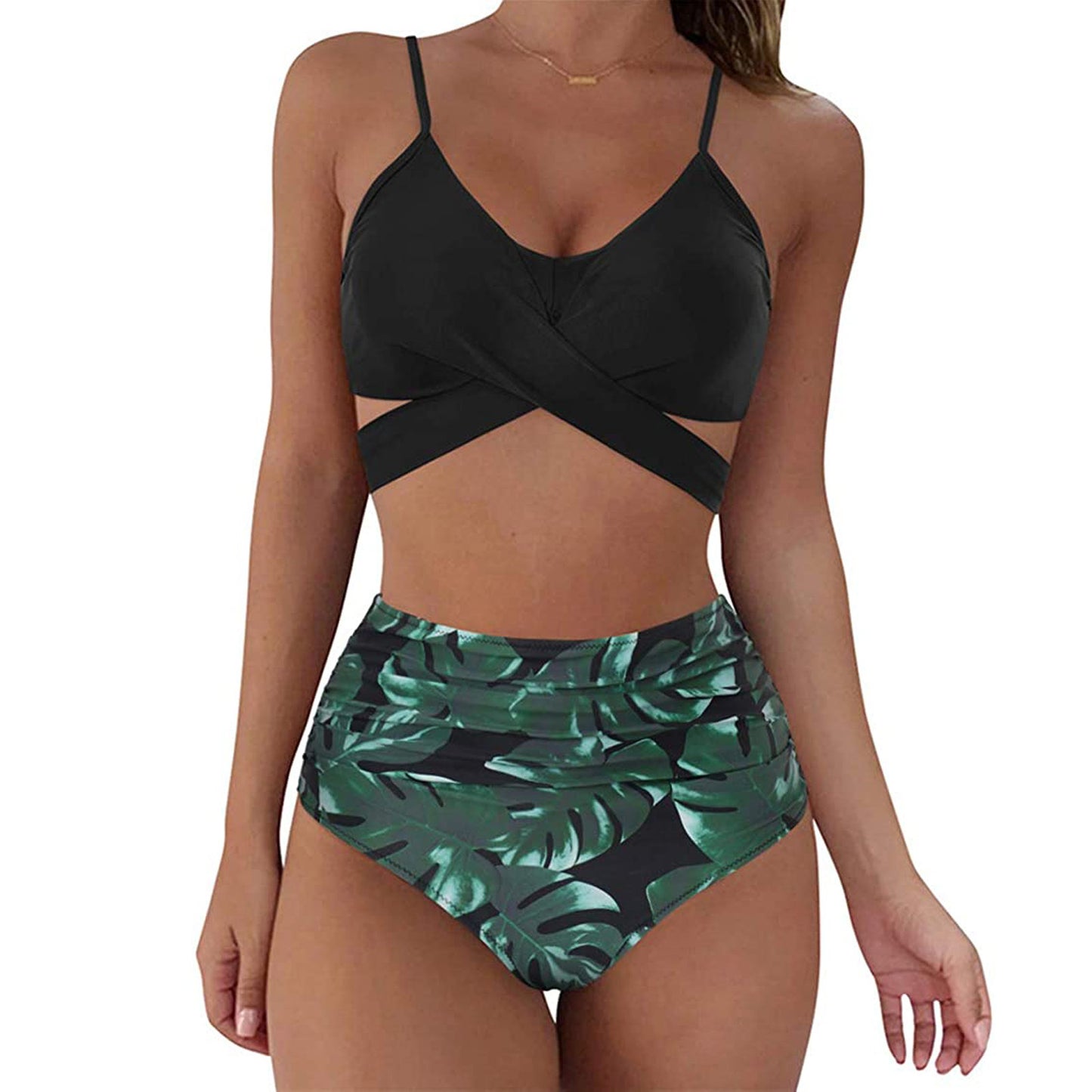 High-waisted polyester and spandex bikini sets