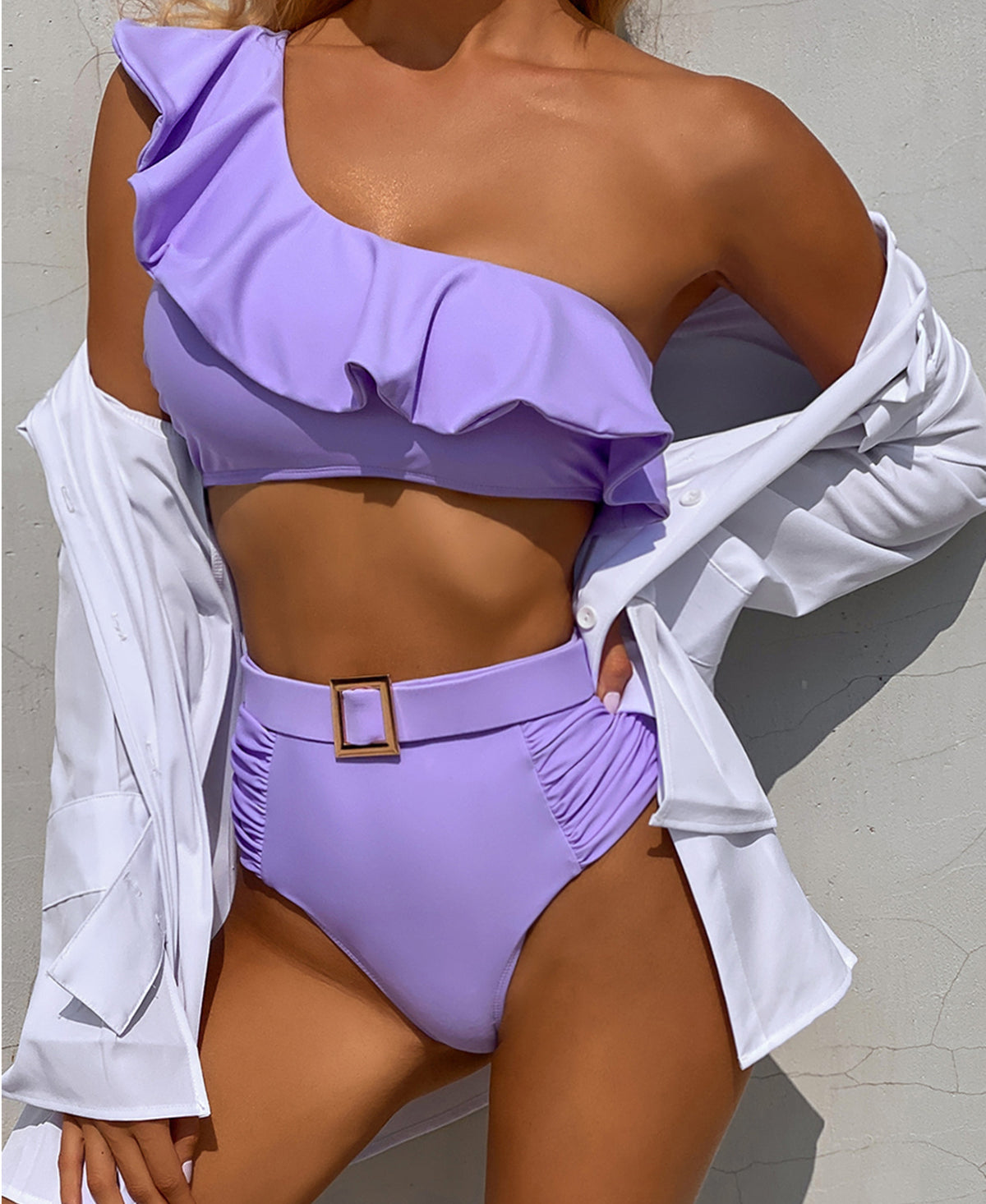 Purple ruffled nylon intimate bikini sets