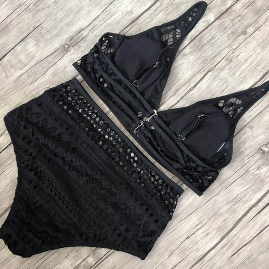 High-waisted backless cutout polyester bikini sets - image 1