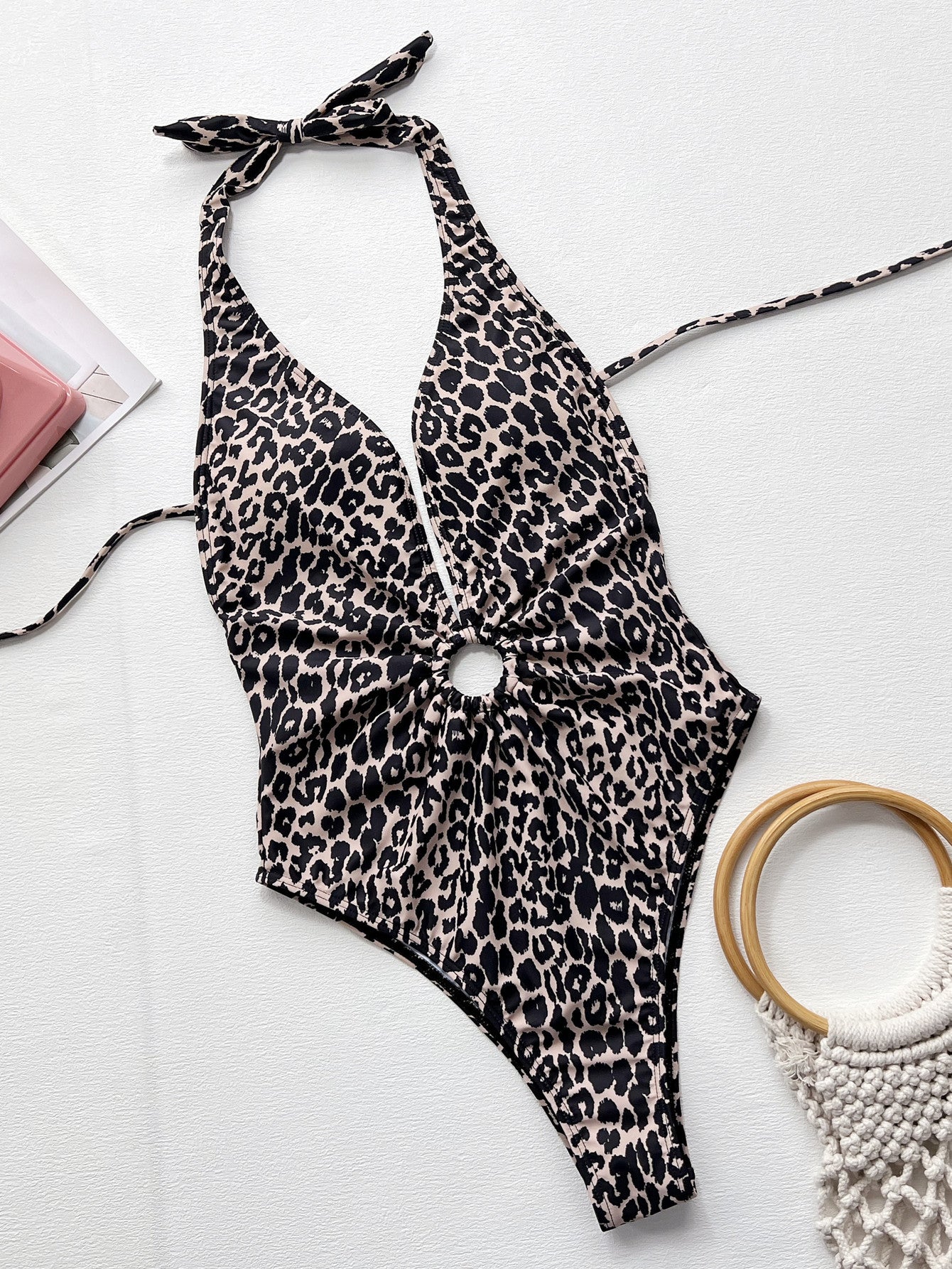 Cutout leopard polyester and spandex lingerie bodysuits - image 1