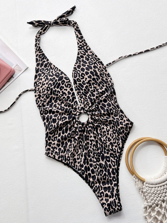 Cutout leopard polyester and spandex lingerie bodysuits - image 1
