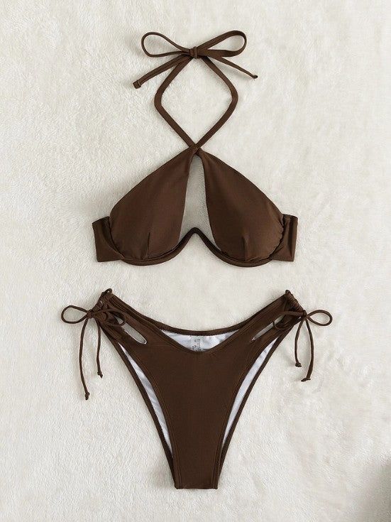 Halter backless polyester and spandex bikini sets - image 1