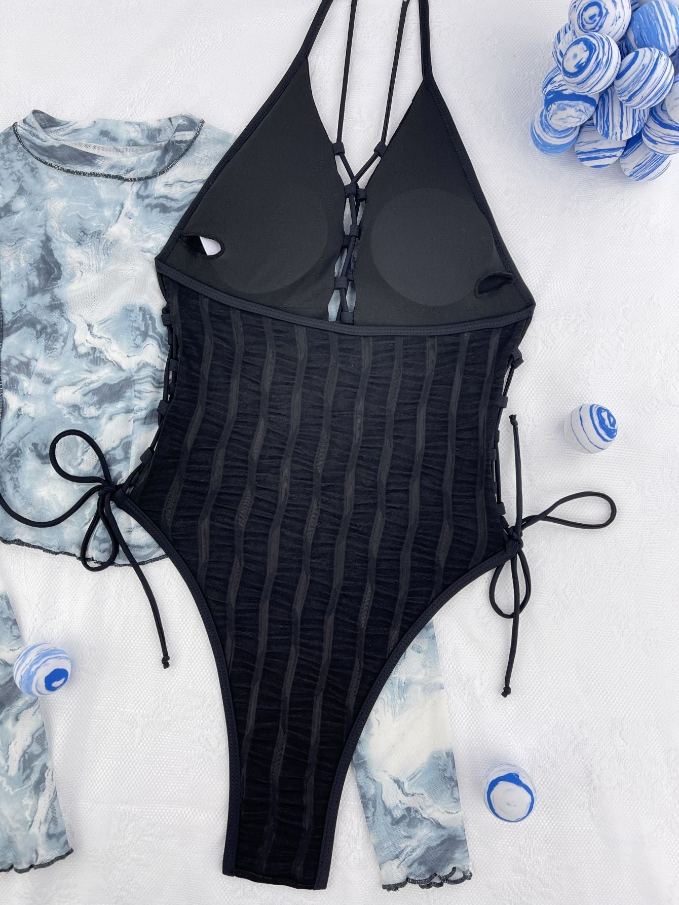 Black one-piece polyester intimate bikini set - product image 1
