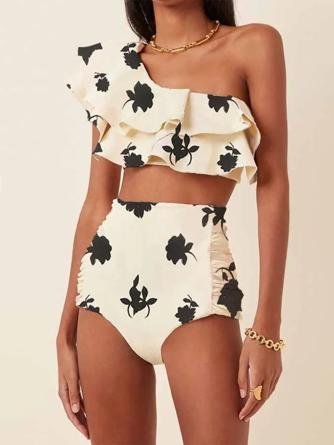 White floral high-waist ruffled bikini set - product image 1