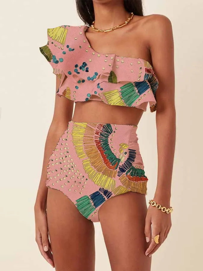 White floral high-waist ruffled bikini set - product image 2