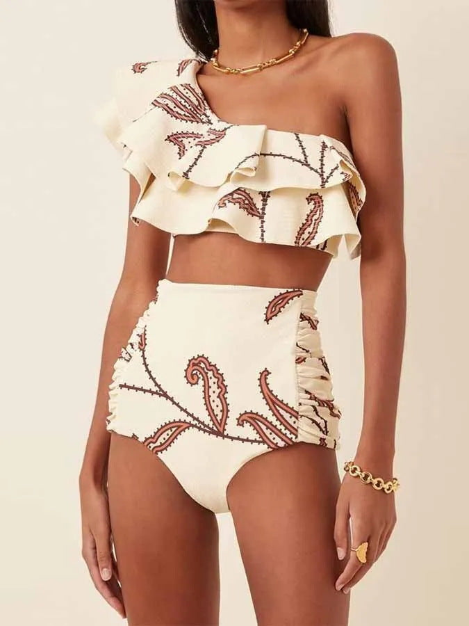 White floral high-waist ruffled bikini sets - image 3