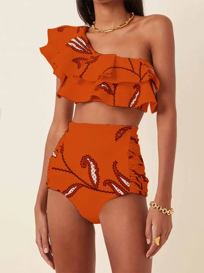White floral high-waist ruffled bikini sets - image 5