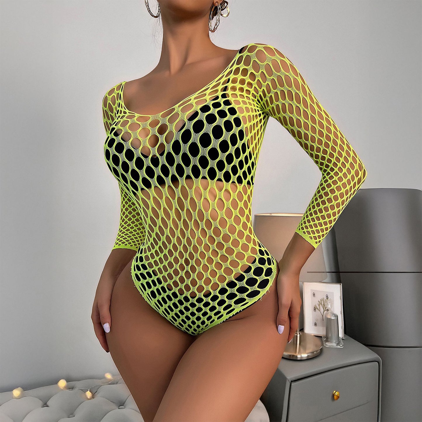 Sheer fishnet long-sleeve mesh lingerie bodysuits