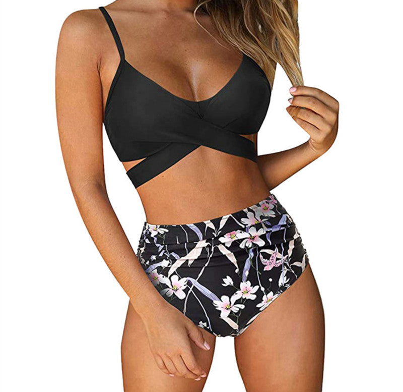Floral high-waist polyester intimate bikini set - product image 1