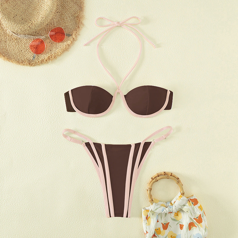 Backless leopard polyester and nylon bikini sets