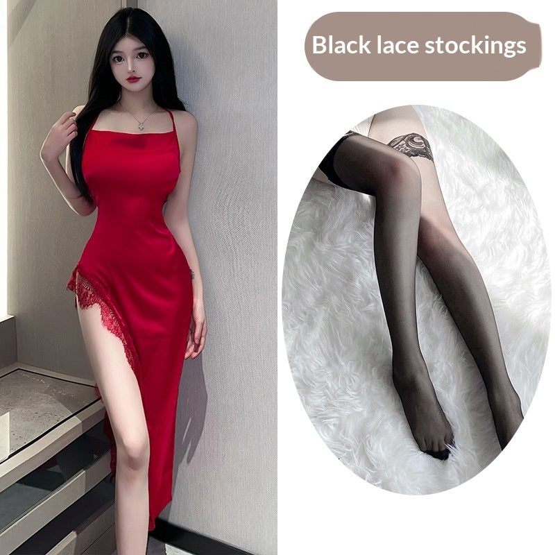 Crotchless fishnet satin and polyester lingerie bodysuits