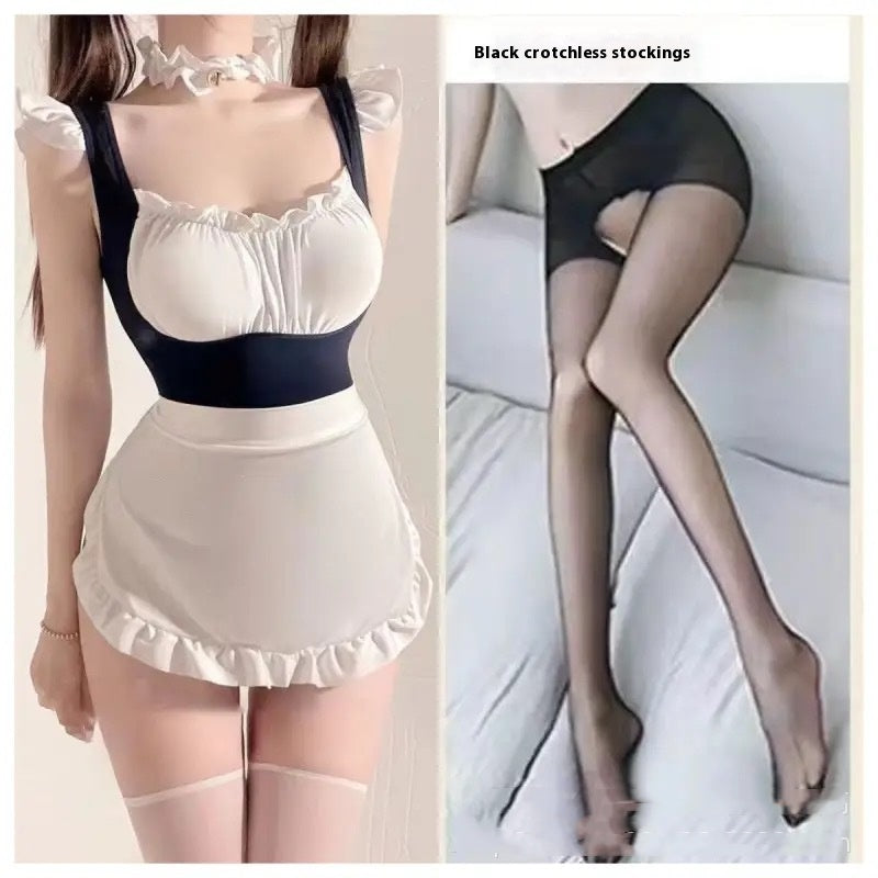 Crotchless Uniform Silk and Polyester Lingerie Bodysuits - White Suit White Stocking / Free Size product image
