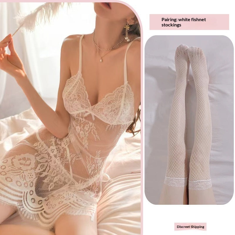 Crotchless fishnet sheer lace nightwear sets
