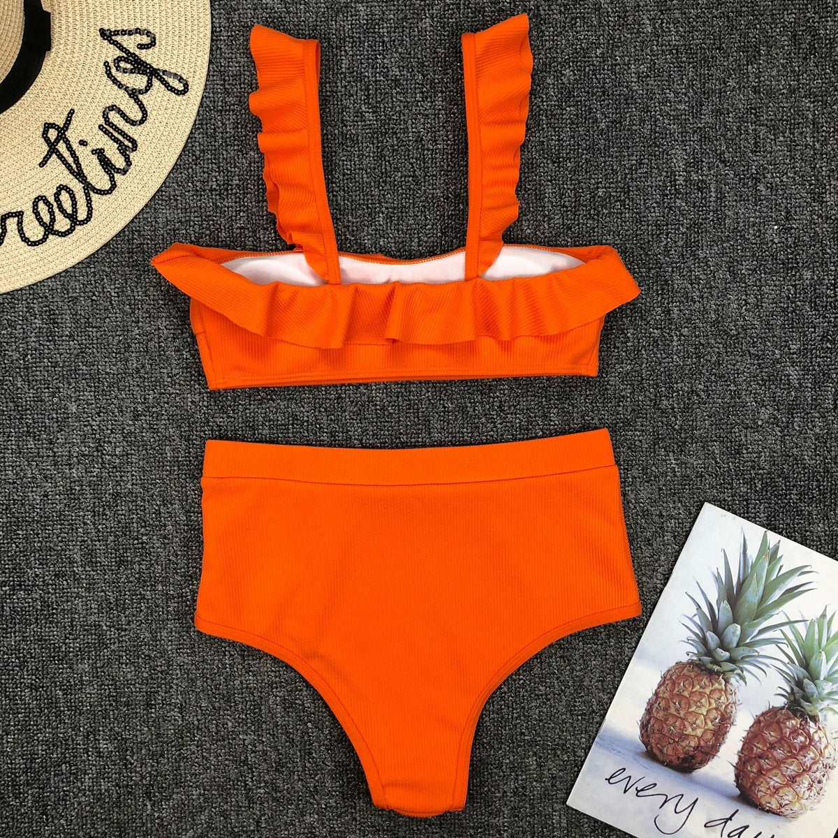 Black high-waist ruffled polyester bikini set - product image 2