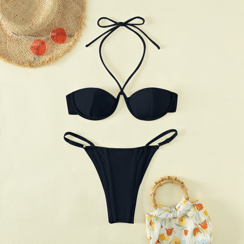 Backless leopard polyester and nylon bikini sets