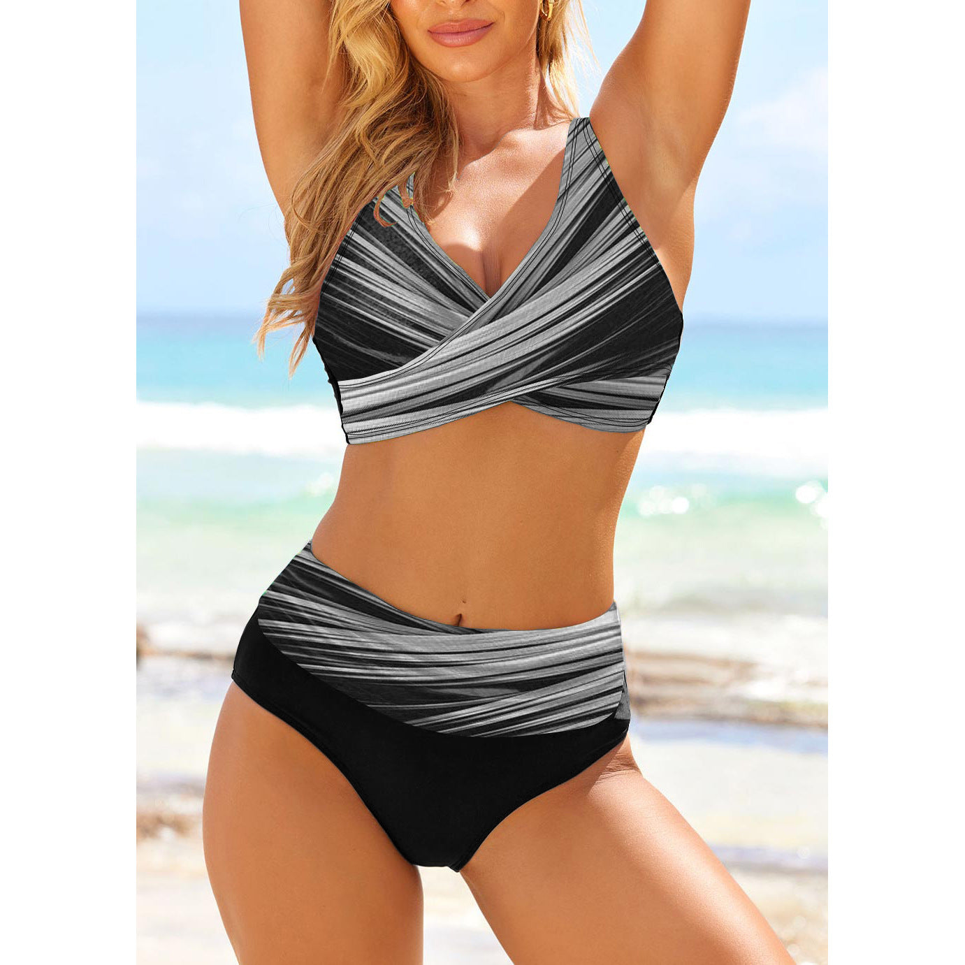 High-waisted cutout polyester bikini sets