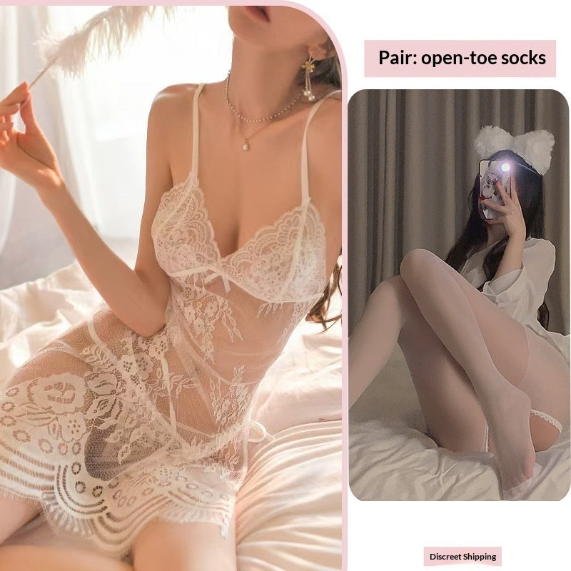 Crotchless fishnet sheer lace nightwear sets
