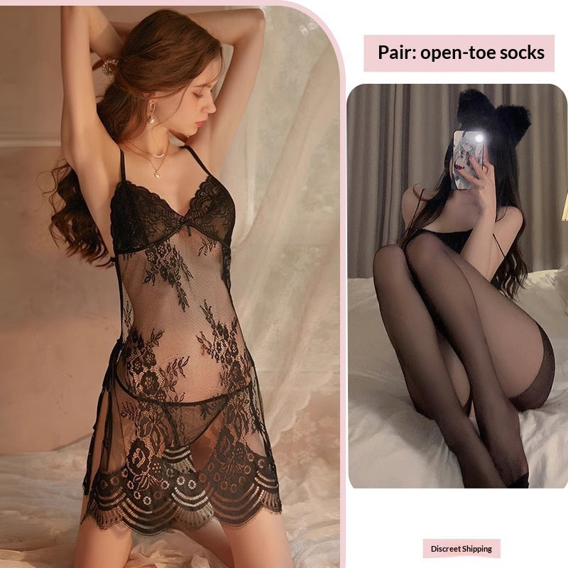 Crotchless fishnet sheer lace nightwear sets