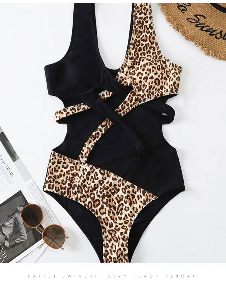 White high-waist one-piece leopard bikini set - product image 2