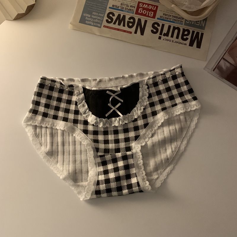 Breathable plaid lace and cotton lingerie briefs - image 1