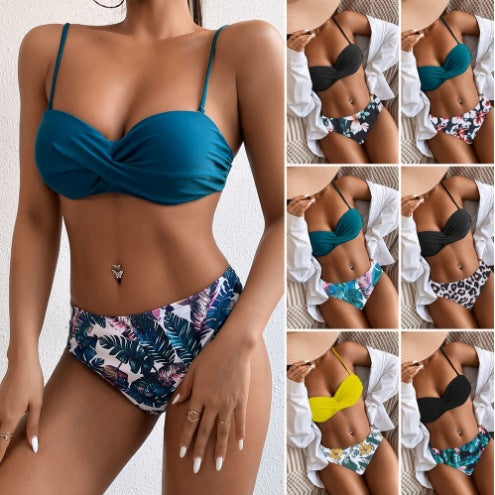 Black floral backless high-waist bikini set - product image 2