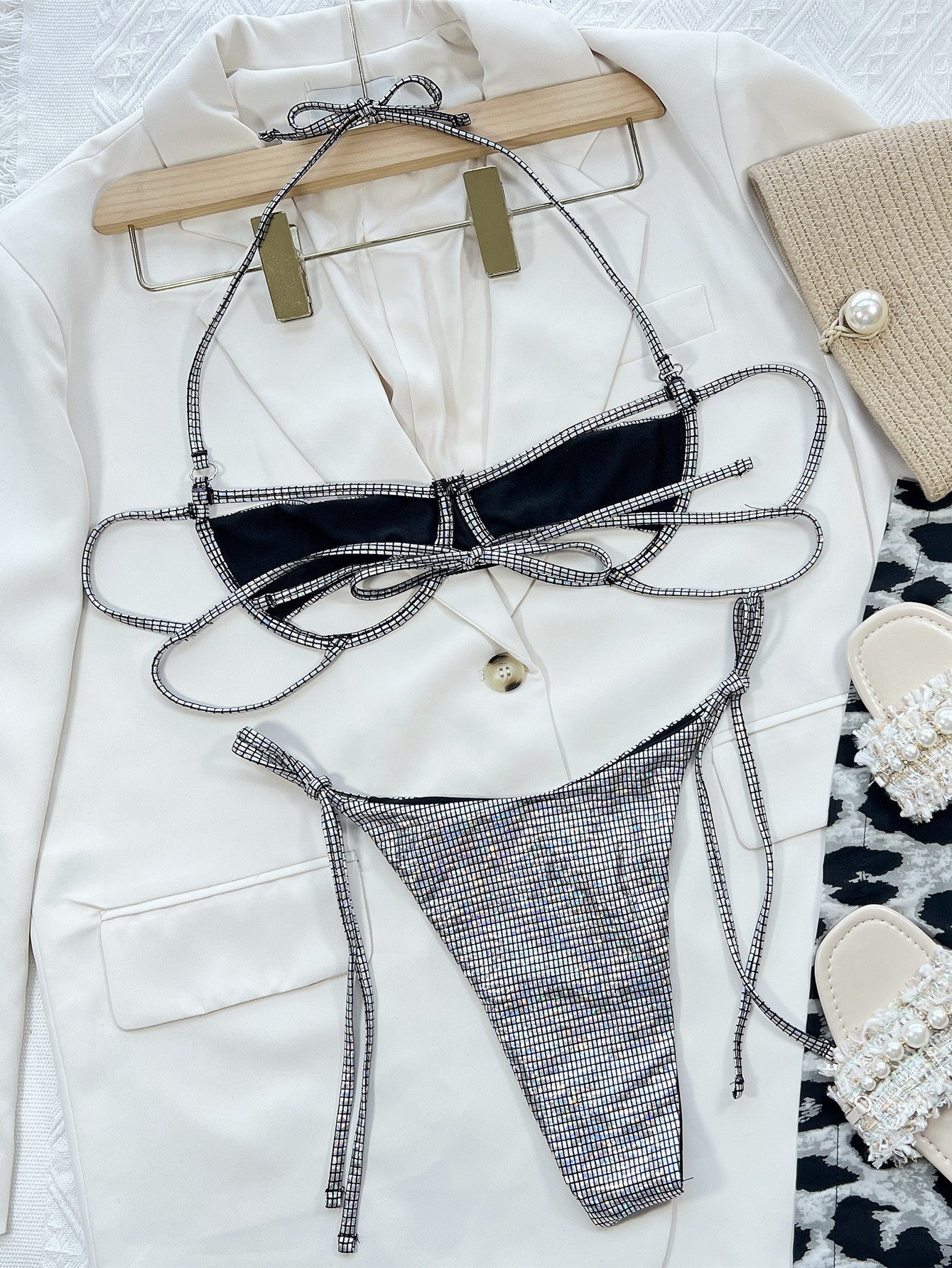 Silver nylon lingerie bikini set - product image 2