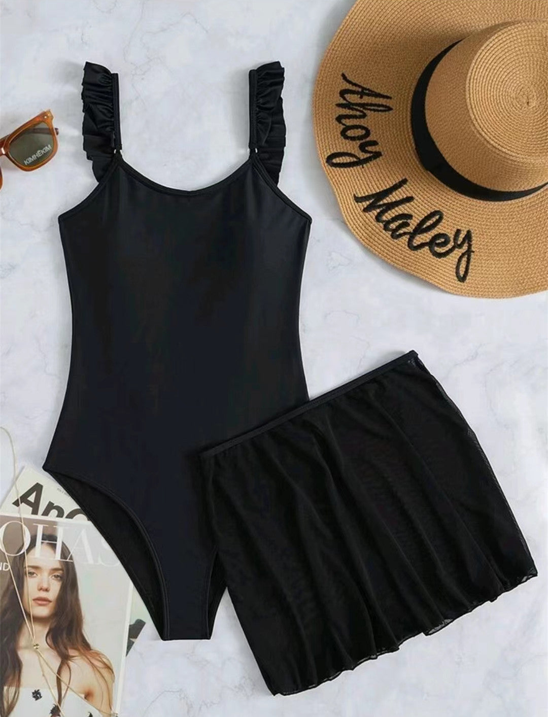 Black one-piece polyester intimate bikini sets