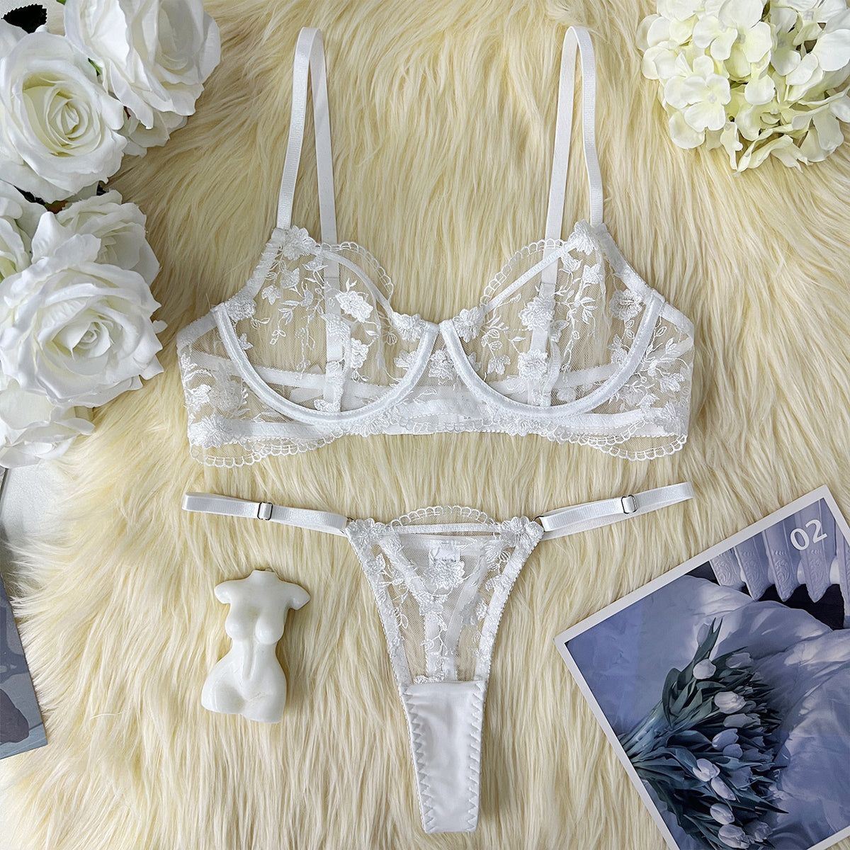 Sheer floral embroidered polyester lingerie sets - image 2