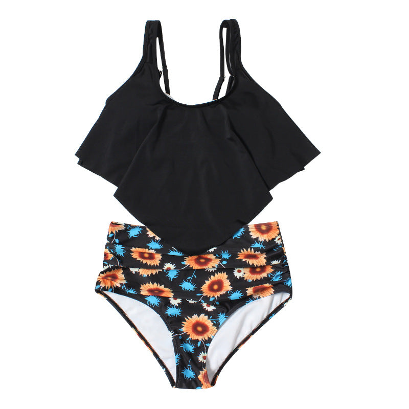 High-waisted floral ruffled polyester bikini sets