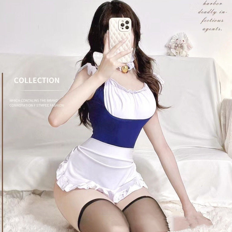Crotchless Uniform Silk and Polyester Lingerie Bodysuits - White Suit Black Open Stocking / Free Size product image