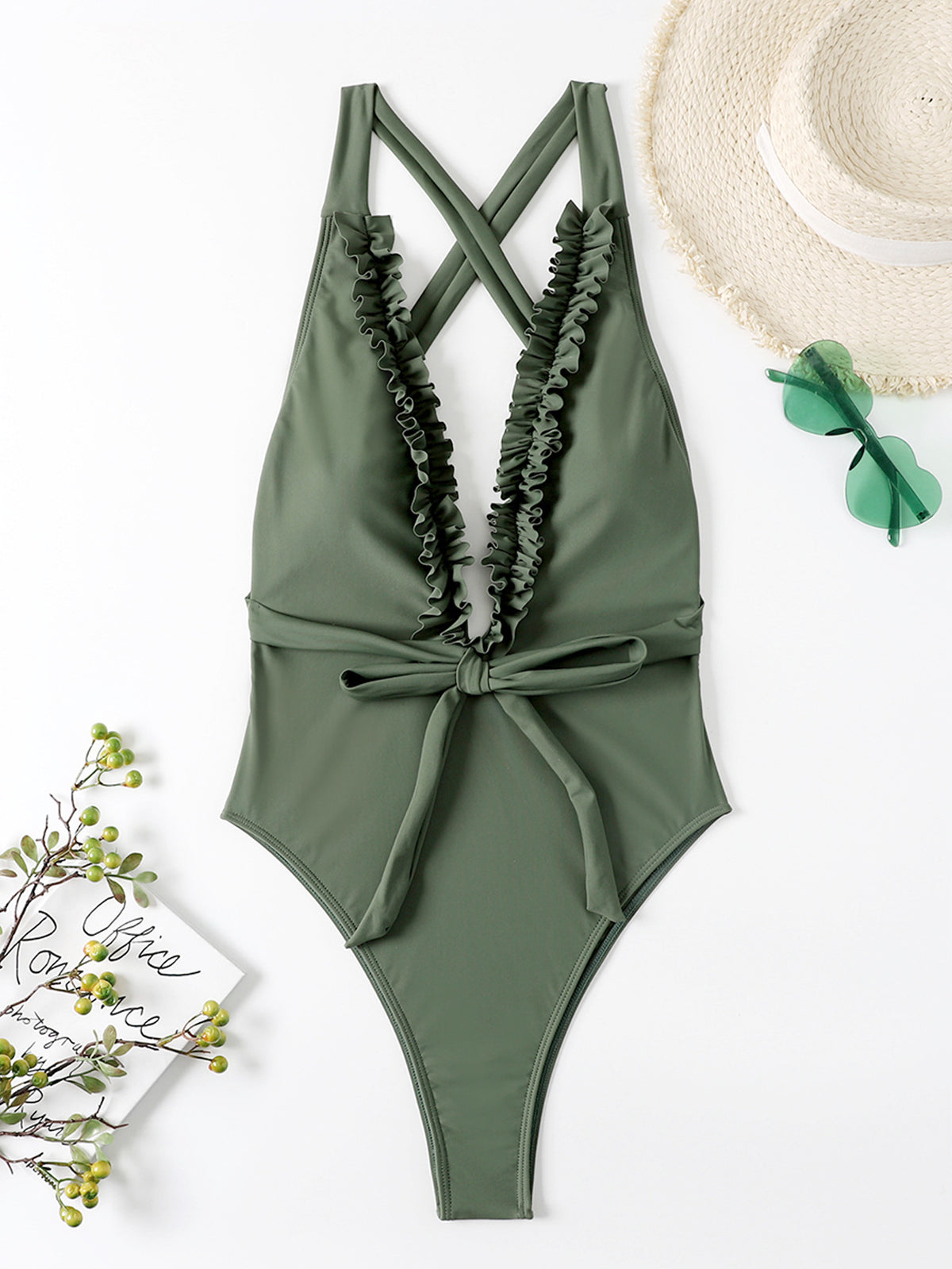 Green one-piece nylon intimate bikini sets