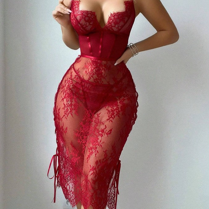 Elegant Lace and Polyester Lingerie Bodysuits - Wine Red / S product image