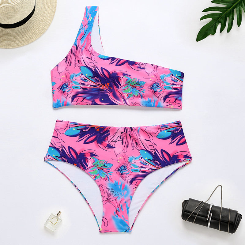 High-waisted floral polyester and spandex bikini sets