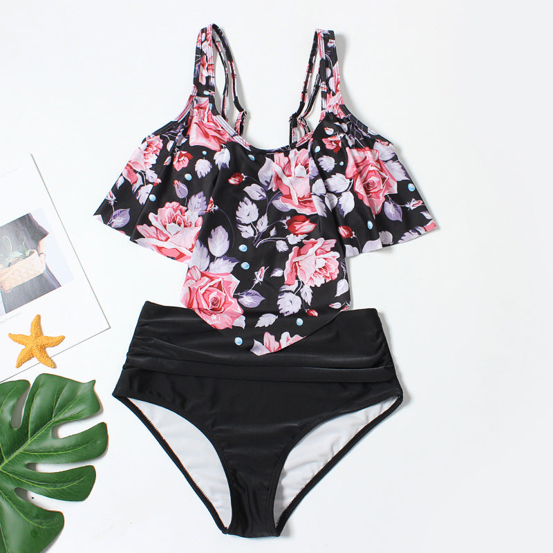High-waisted floral ruffled polyester bikini sets