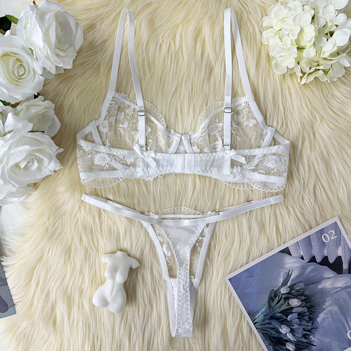 Sheer floral embroidered polyester lingerie sets - image 3