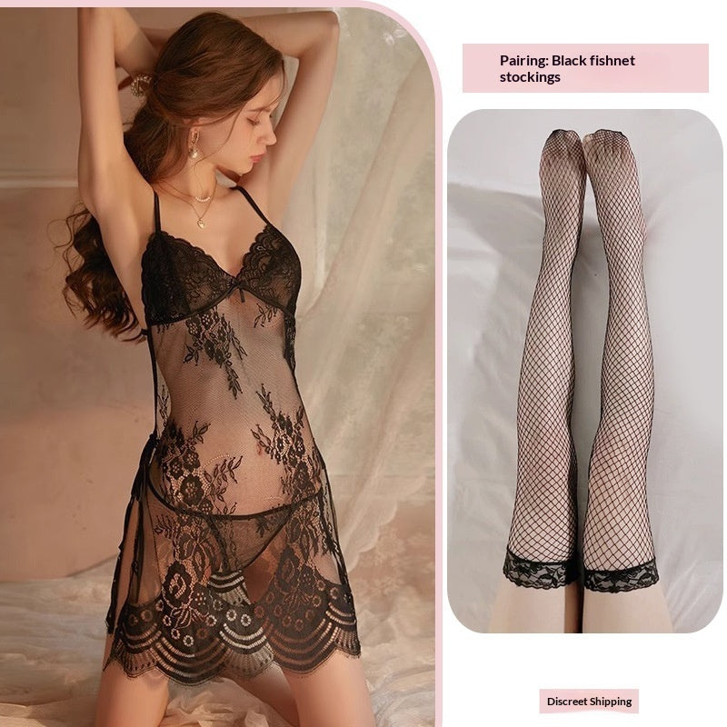 Crotchless fishnet sheer lace nightwear sets
