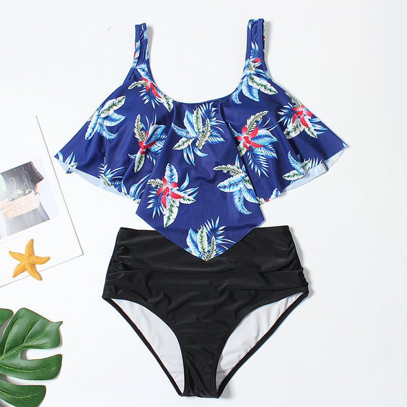High-waisted floral ruffled polyester bikini sets