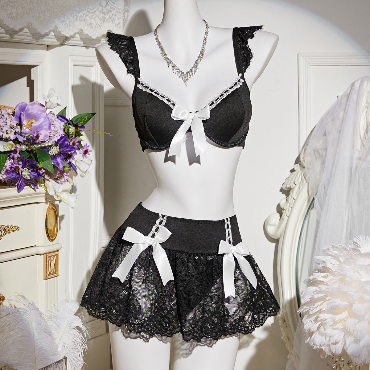 Uniform Lace and Polyester Lingerie Skirt Sets - Black / S product image