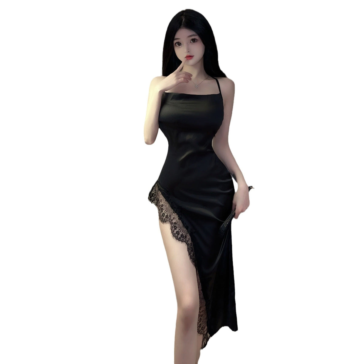 Crotchless Fishnet Satin and Polyester Lingerie Bodysuits - Black White Open Files Socks / Free Size product image