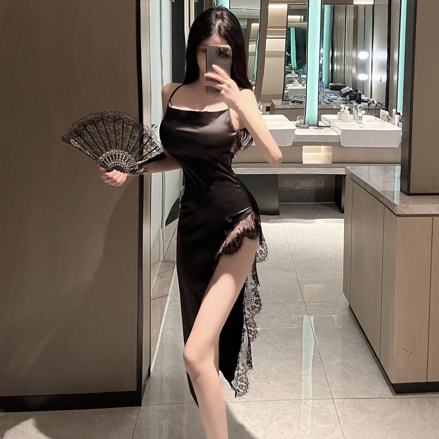 Crotchless Fishnet Satin and Polyester Lingerie Bodysuits - Black Black Silk Stockings / Free Size product image