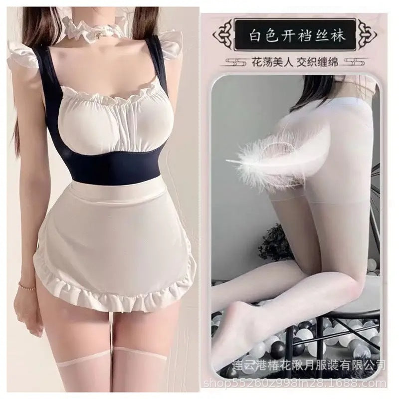 Crotchless uniform silk and polyester lingerie bodysuits